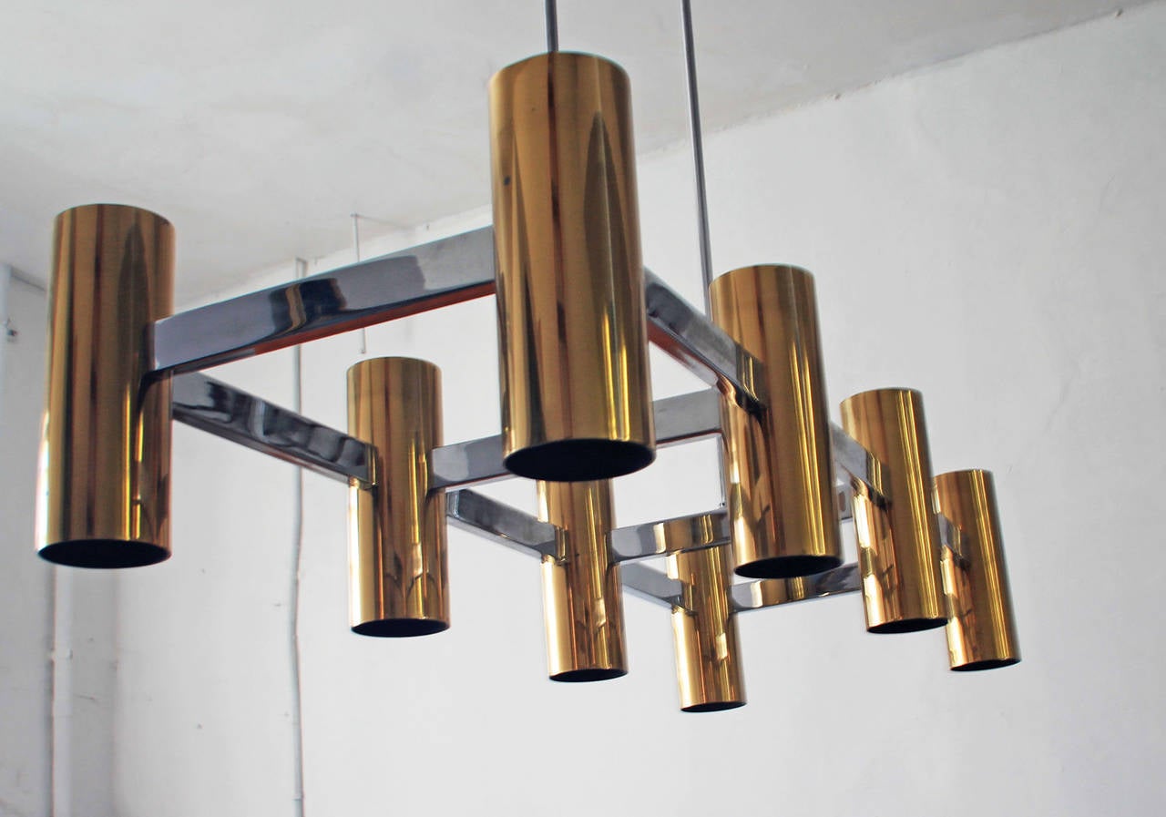 Large Mid-Century Modern Brass and Chrome Chandelier 1