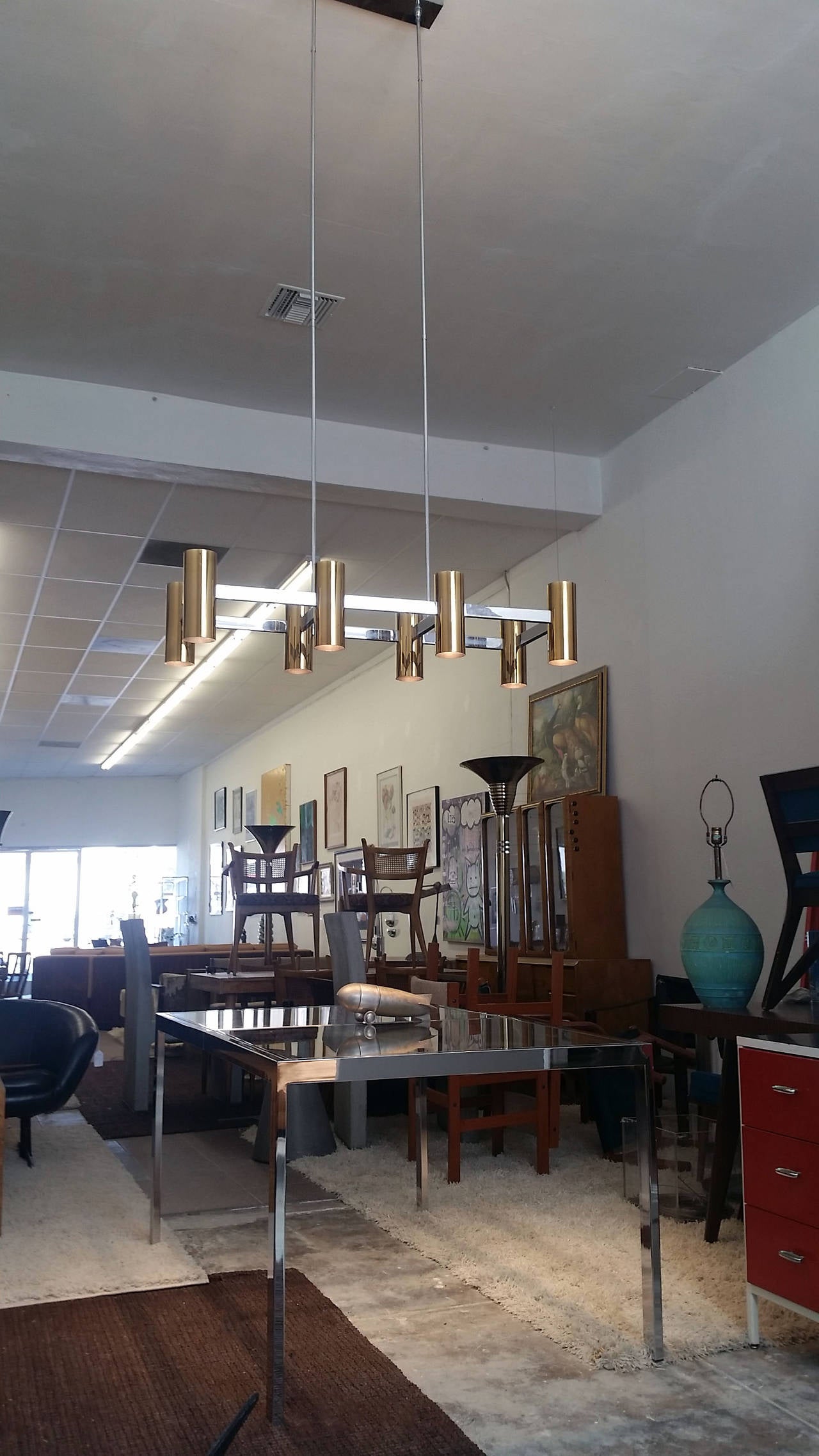 Large Mid-Century Modern Brass and Chrome Chandelier 2