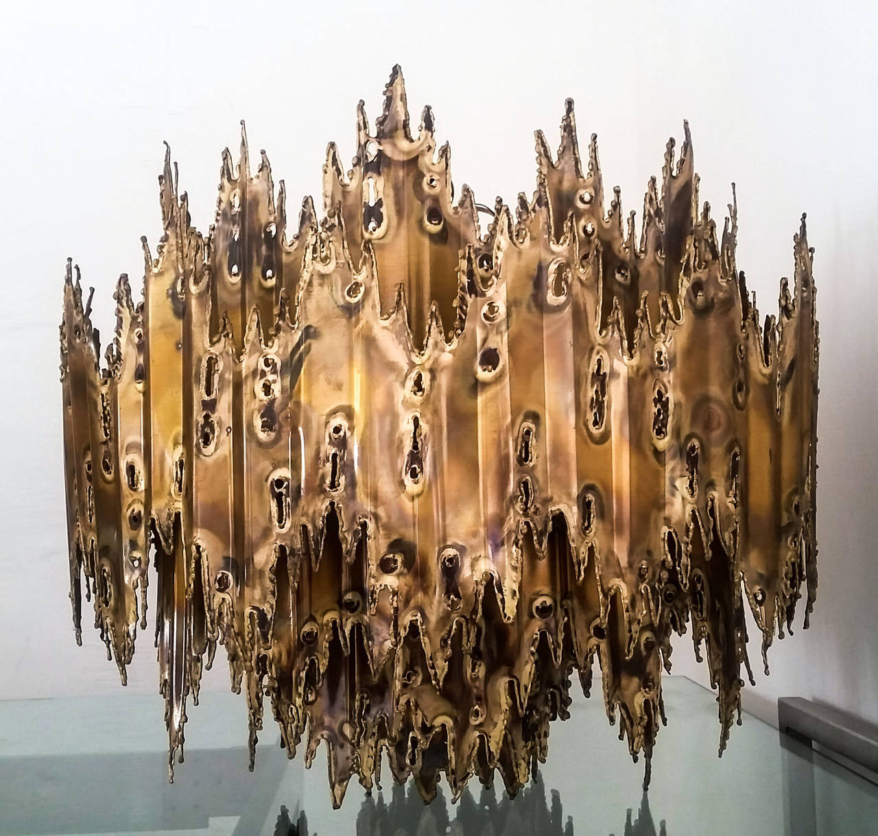 Brutalist Large Torch Cut Tom Greene Brass Chandelier
