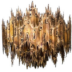 Brutalist Large Torch Cut Tom Greene Brass Chandelier