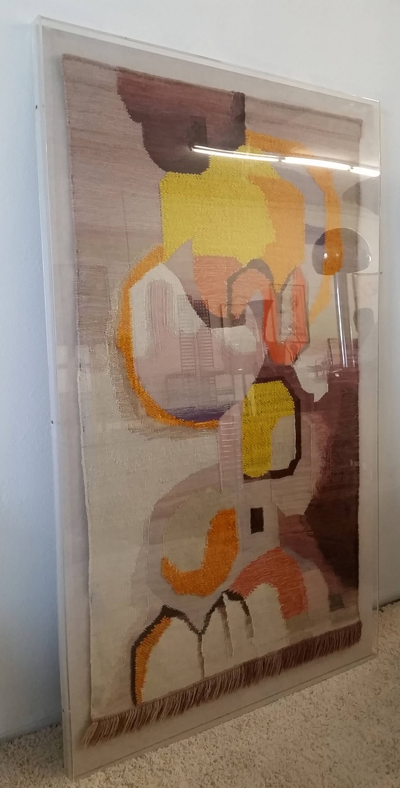 Large Scandinavian Mid-Century Acrylic Framed Tapestry In Excellent Condition In Culver City, CA