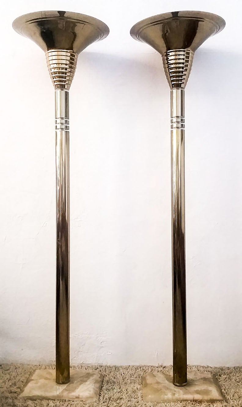 1970s Monumental Italian Brass, Acrylic and Quartz Torchiere Floor Lamps