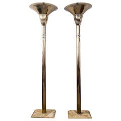 1970s Monumental Italian Brass, Acrylic and Quartz Torchiere Floor Lamps