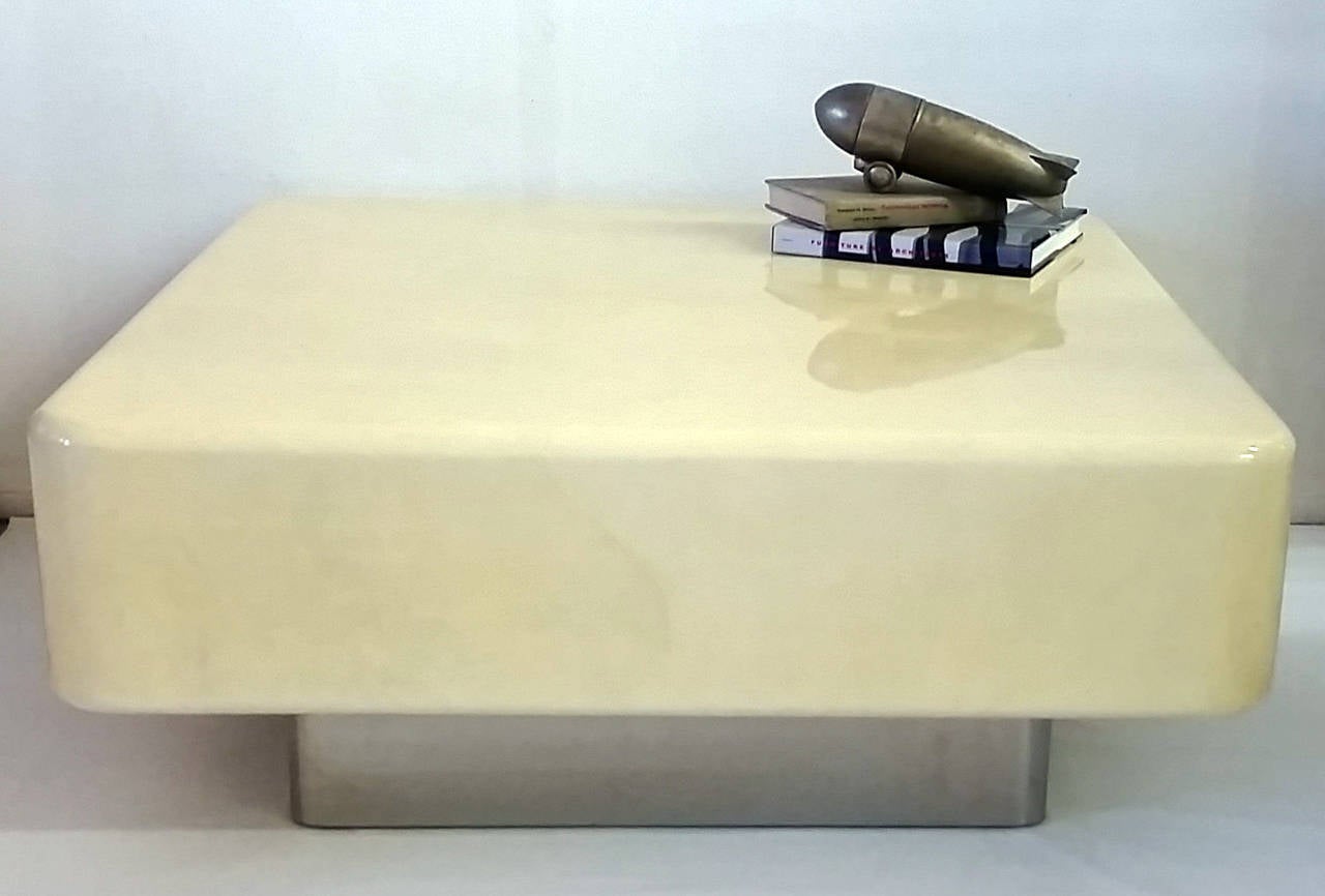 Modern Karl Springer Goatskin Coffee Table with Chrome Plinth Base