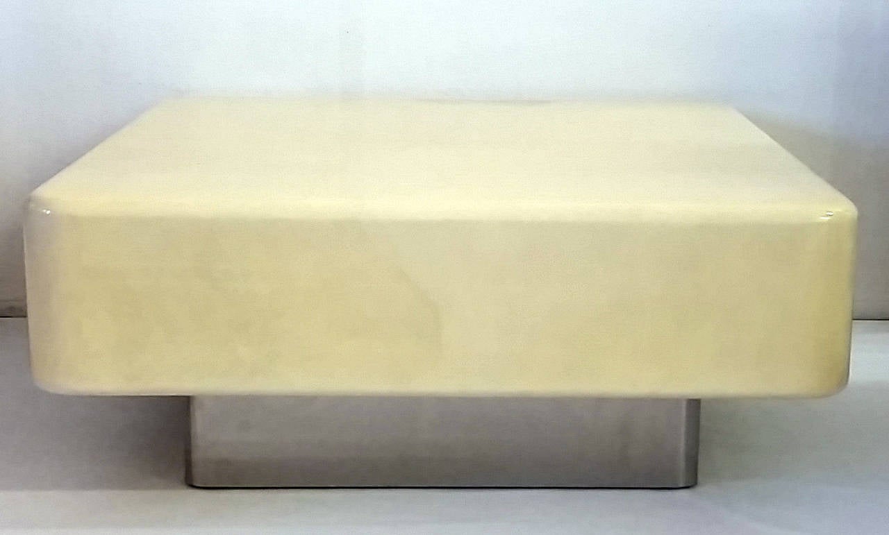 Karl Springer Goatskin Coffee Table with Chrome Plinth Base In Excellent Condition In Culver City, CA
