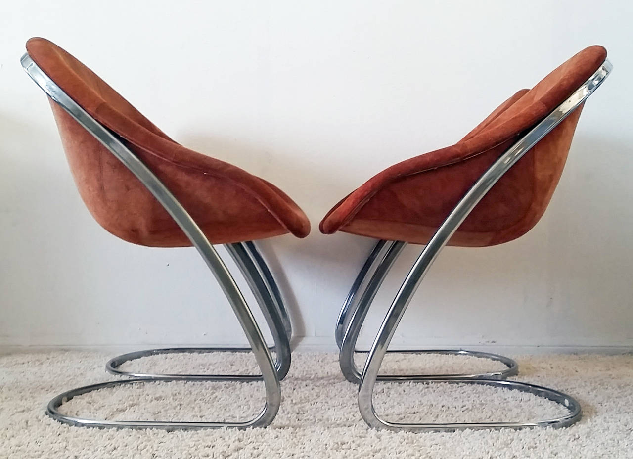 Mid-20th Century Set of Four Italian Chrome Dining Chairs in Suede by Thema