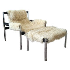 Jerry Johnson Mongolian Sheepskin Sling Lounge Chair and Ottoman