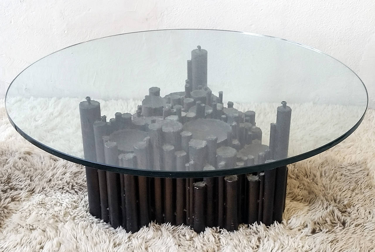 Modern Paul Evans Style Cylindrical Steel Coffee Table
