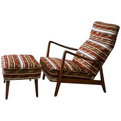 Vintage High Back Walnut Lounge Chair and Ottoman Attributed to Milo Baughman