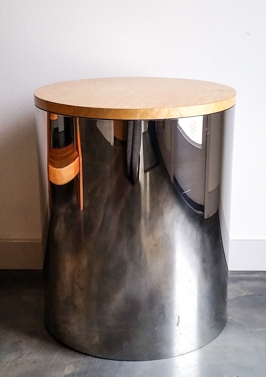 Paul Mayen for Habitat cylindrical chrome and bird's-eye maple side table, this is truly stunning example of Mid-Century Modern design. This cylindrical drum style cocktail table is extremely versatile and could also be used as a pedestal or artwork
