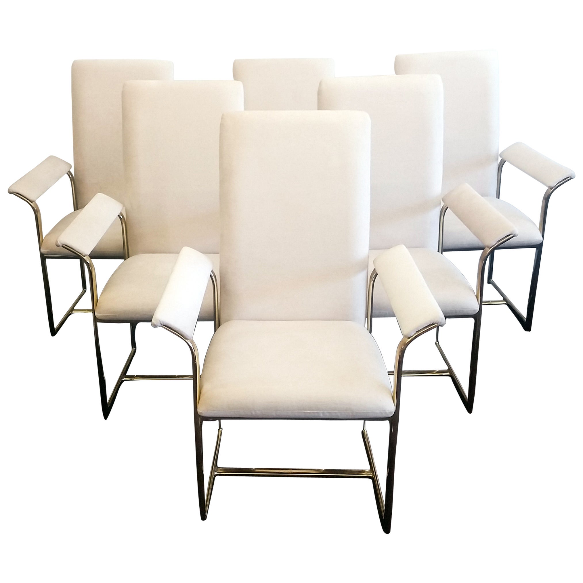 Set of Six Milo Baughman Brass and Velvet Dining Chairs