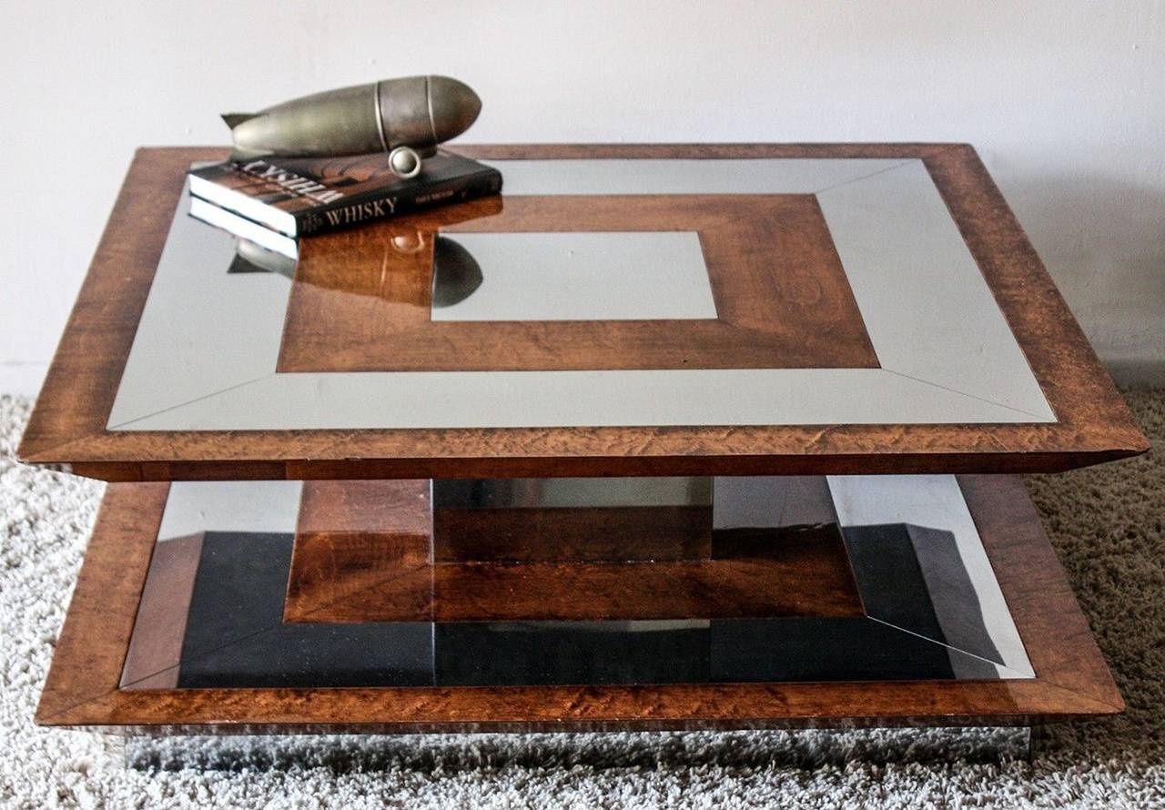 Burl Wood and Chrome Coffee Table In the Style Paul Evans In Fair Condition In Culver City, CA