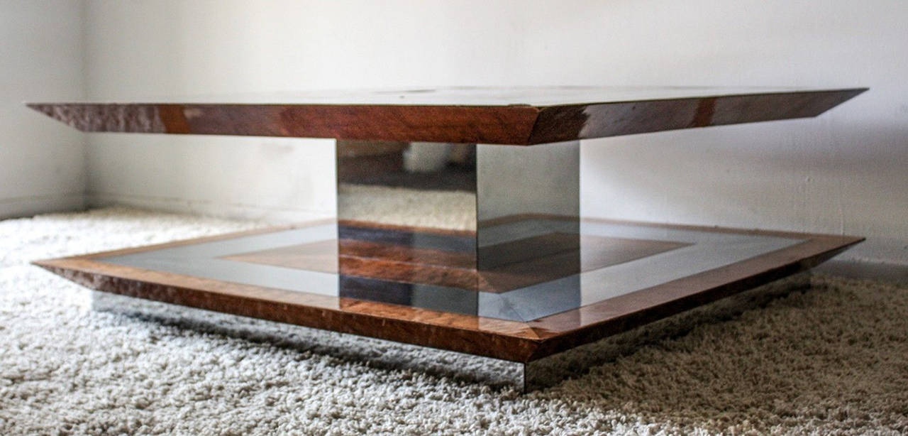 Late 20th Century Burl Wood and Chrome Coffee Table In the Style Paul Evans