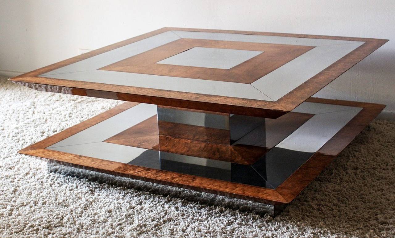 Burl Wood and Chrome Coffee Table In the Style Paul Evans 1