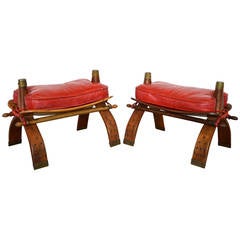 Antique Camel Saddle Stools or Ottomans in Red Leather