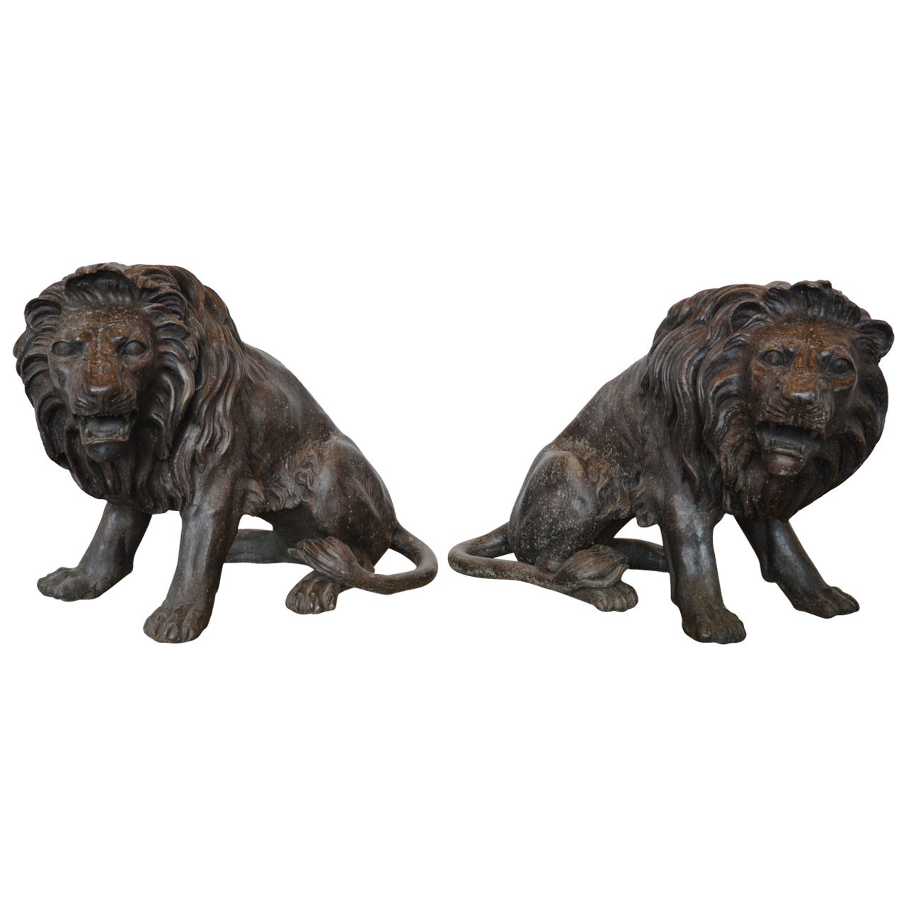 Magnificent Pair of Cast Bronze Lion Sculptures