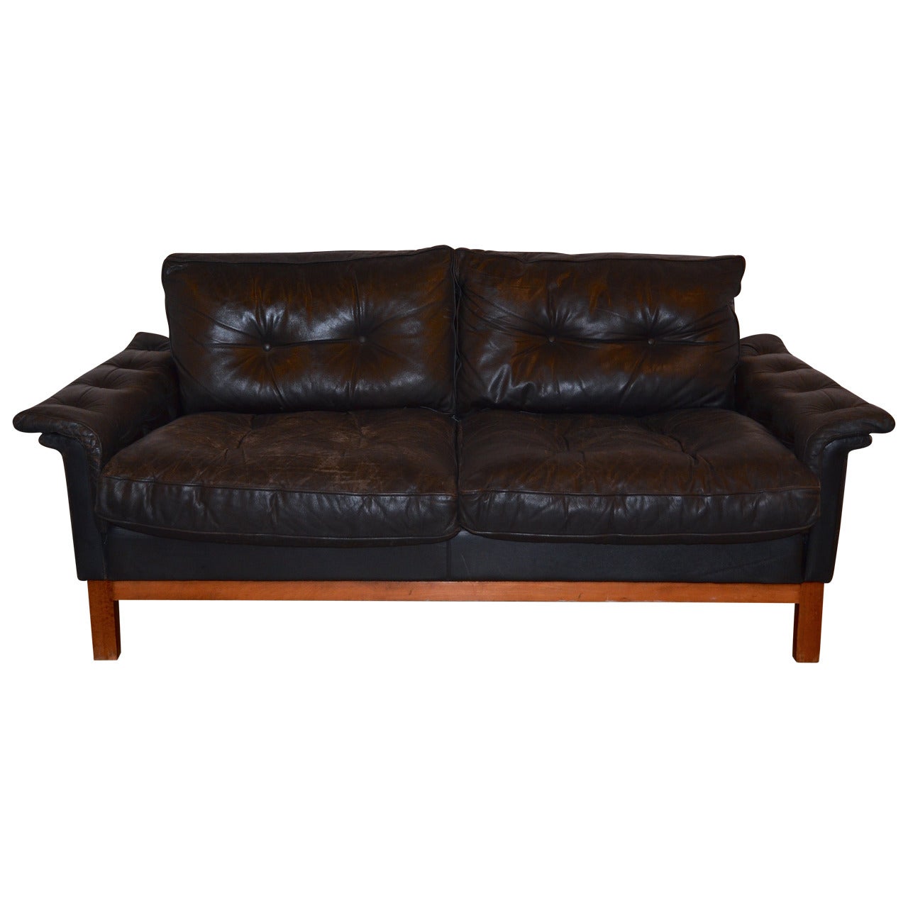 MidCentury Black Tufted Leather Loveseat, Danish at 1stDibs