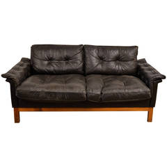 Mid-Century Black Tufted Leather Loveseat, Danish