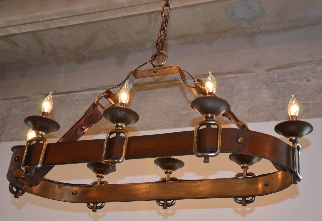 Leather and Iron French Oval Chandelier 1