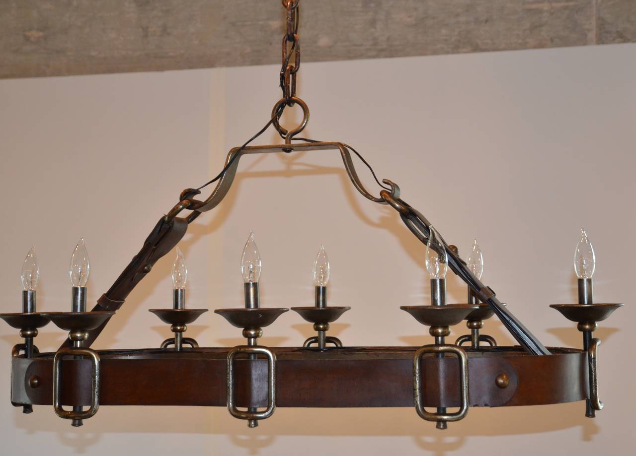 Leather and Iron French Oval Chandelier In Excellent Condition In Austin, TX