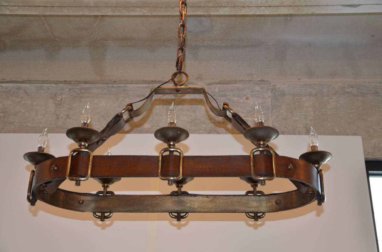 20th Century Leather and Iron French Oval Chandelier
