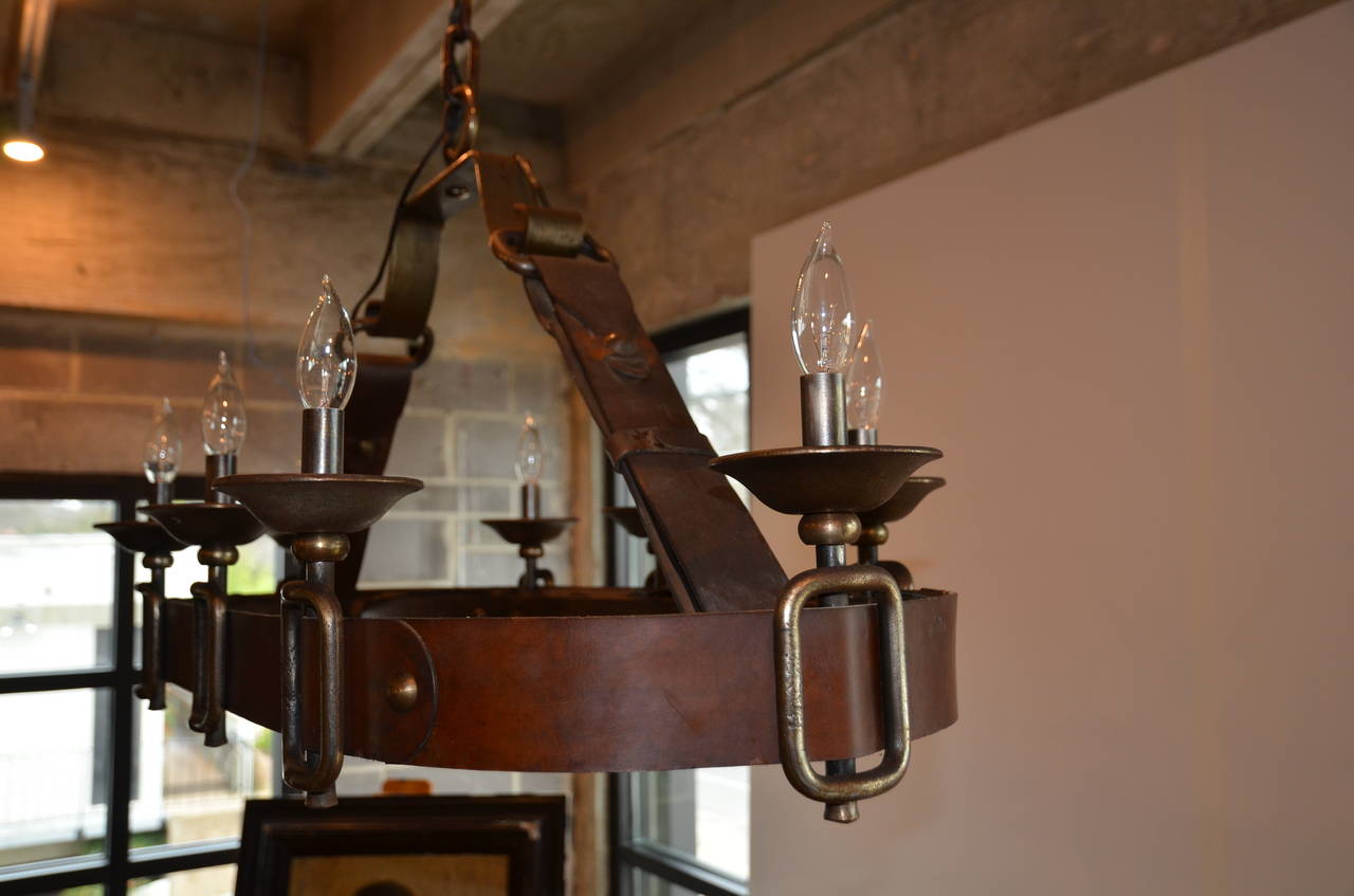 Leather and Iron French Oval Chandelier 5