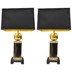 Vintage Pair of Hollywood Glam Black, Lucite and Brass Lamp