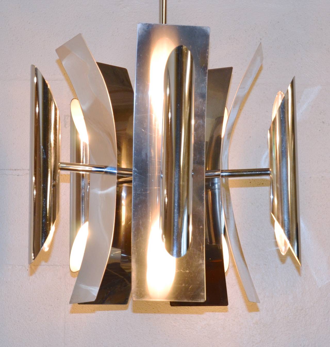 French Mid-Century Modern Ten-Light Chandelier in Aluminum or Stainless, 1960s