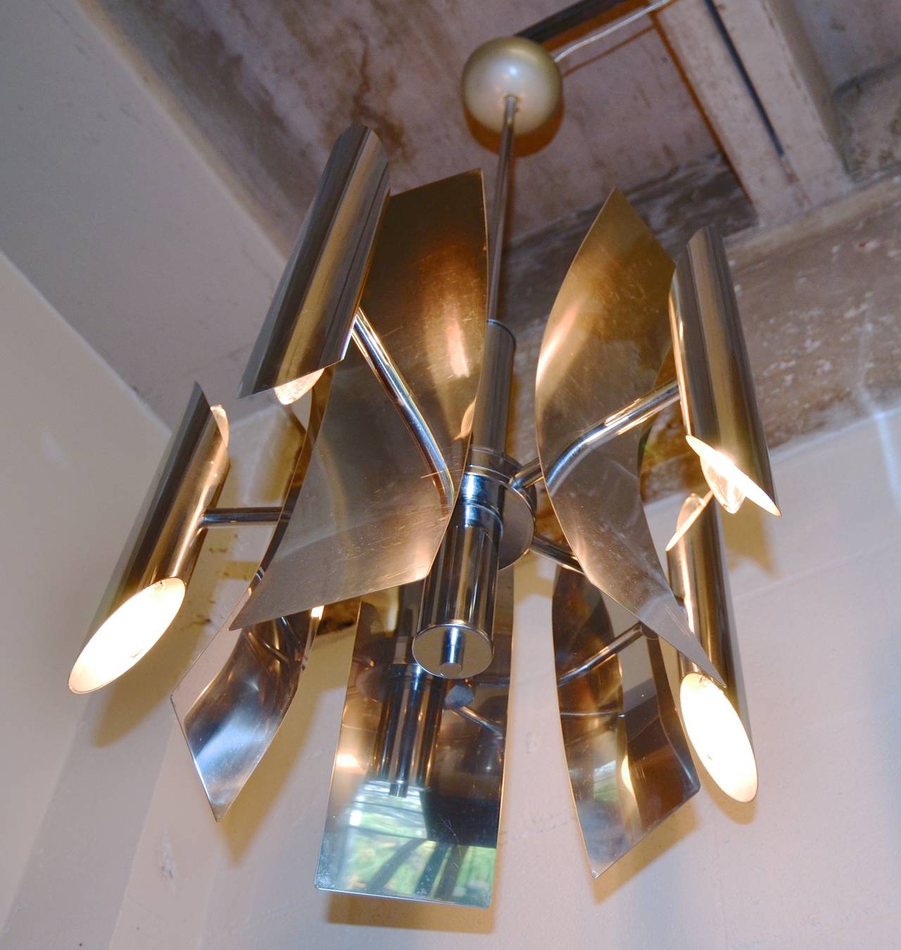 Polished Mid-Century Modern Ten-Light Chandelier in Aluminum or Stainless, 1960s