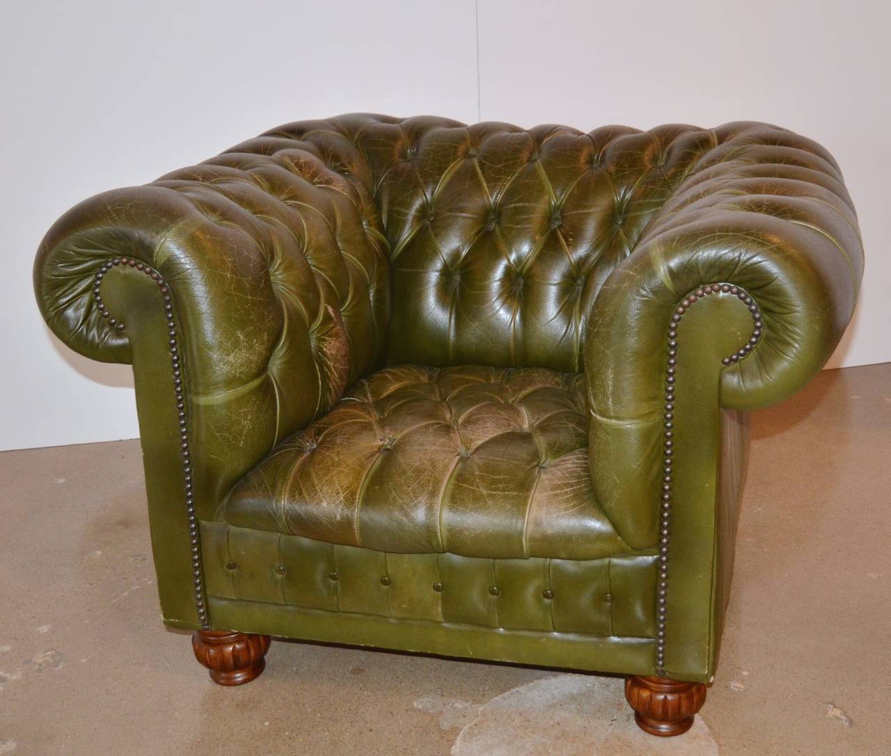 American Green Leather Chesterfield Lounge Chair