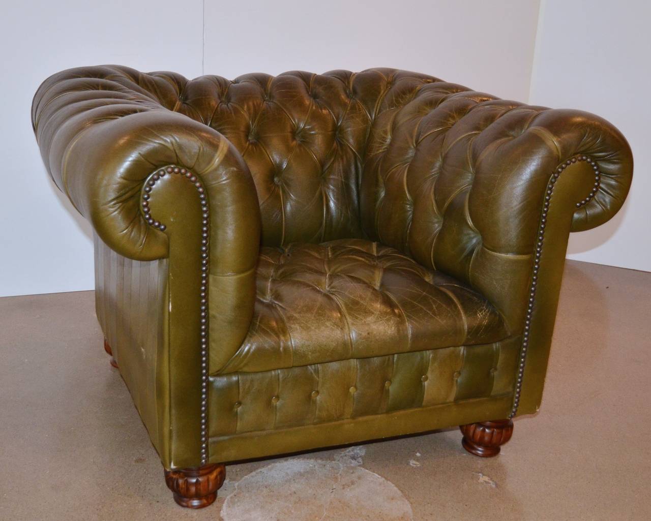 American Green Leather Chesterfield Lounge Chair