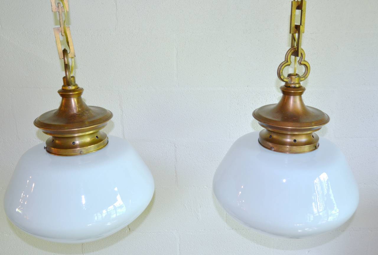 20th Century Large-Scale Library Pendants with Schoolhouse Globes