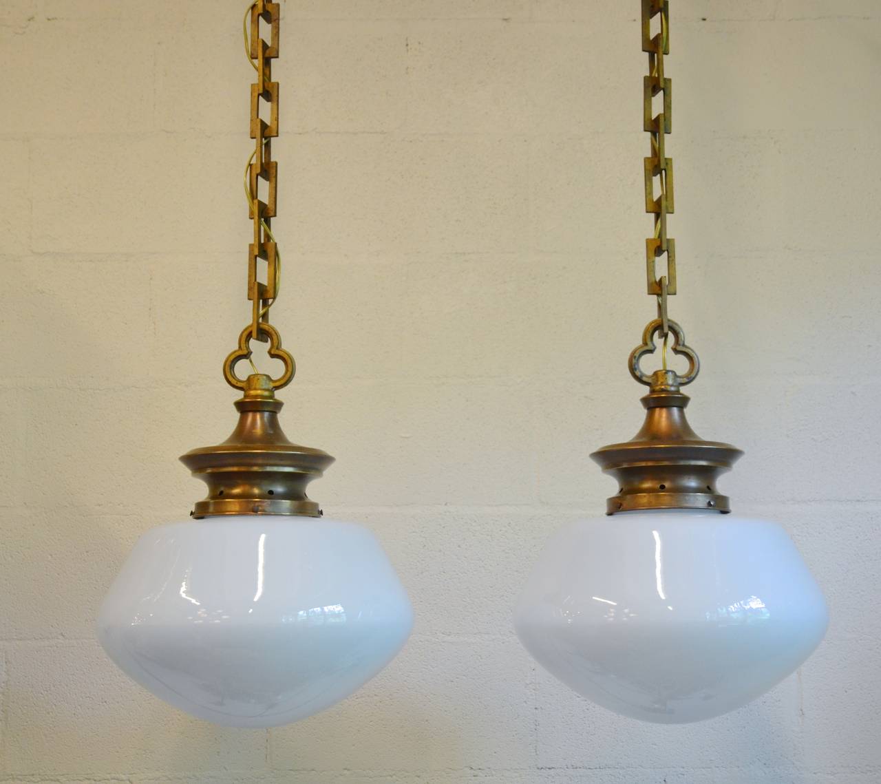 Gilt Large-Scale Library Pendants with Schoolhouse Globes