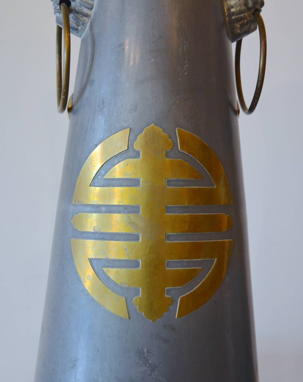 20th Century Pair of Large Mid-Century Asian Pewter and Brass Vases 