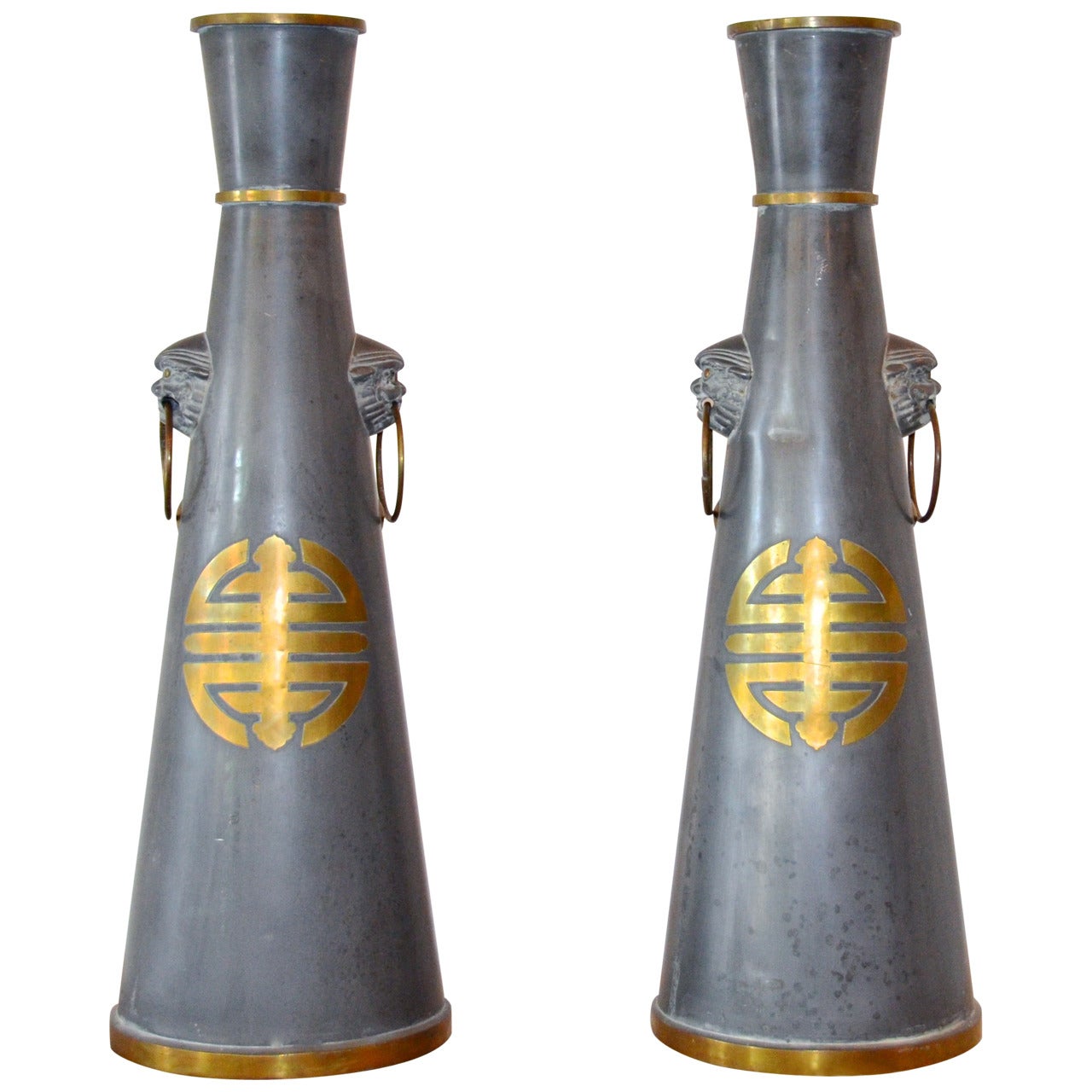 Pair of Large Mid-Century Asian Pewter and Brass Vases 