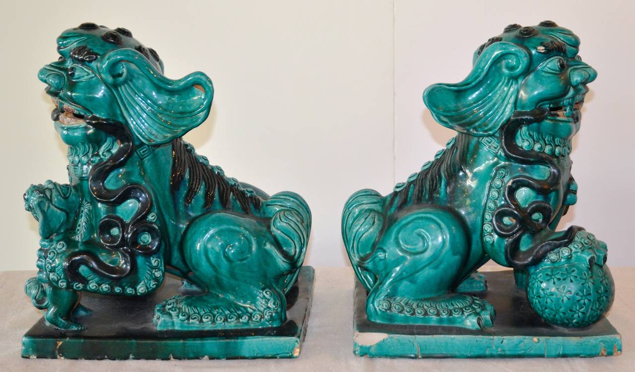 Glazed Large Aqua Foo Dogs, Late 1800s, China