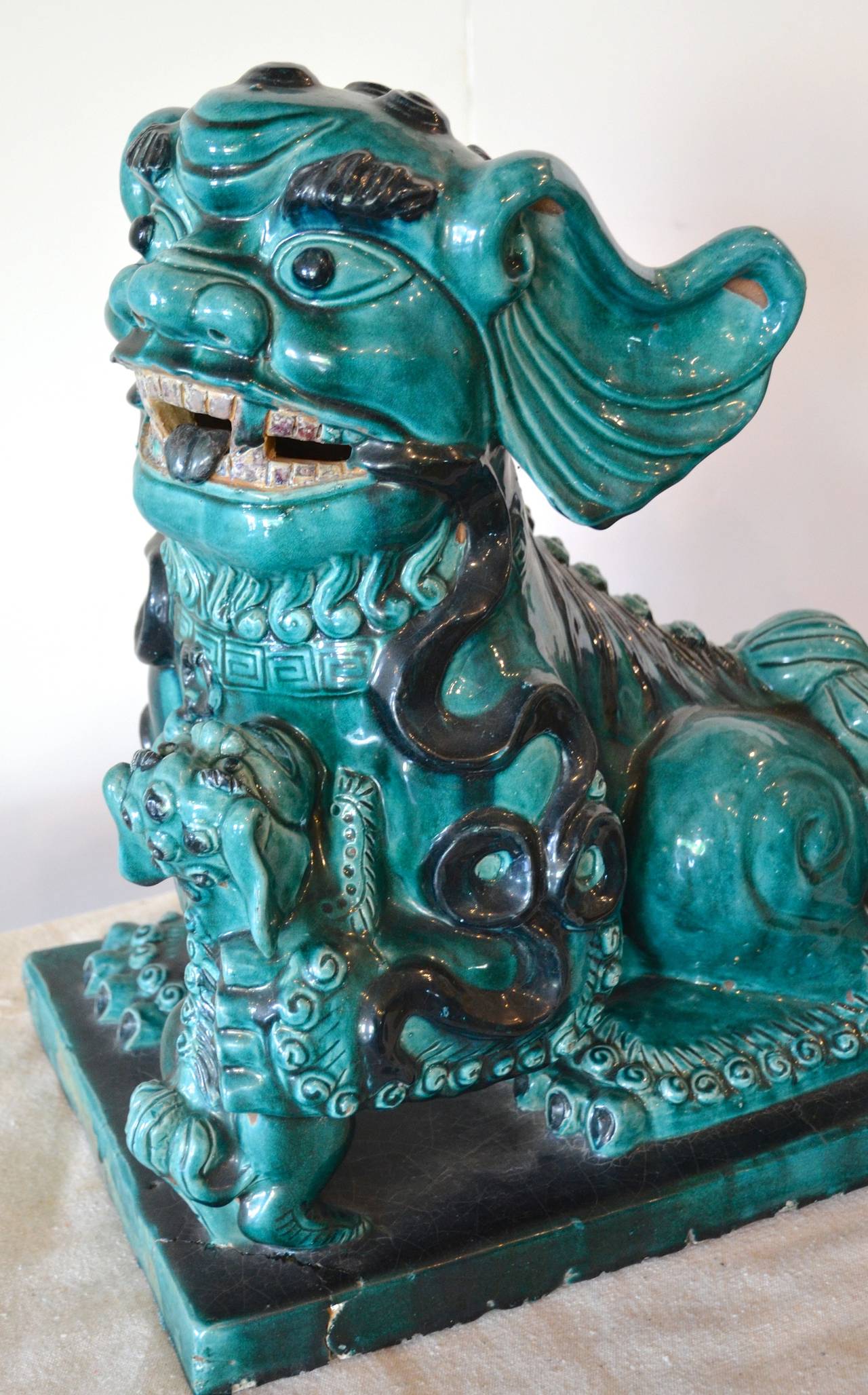Large Aqua Foo Dogs, Late 1800s, China In Good Condition In Austin, TX
