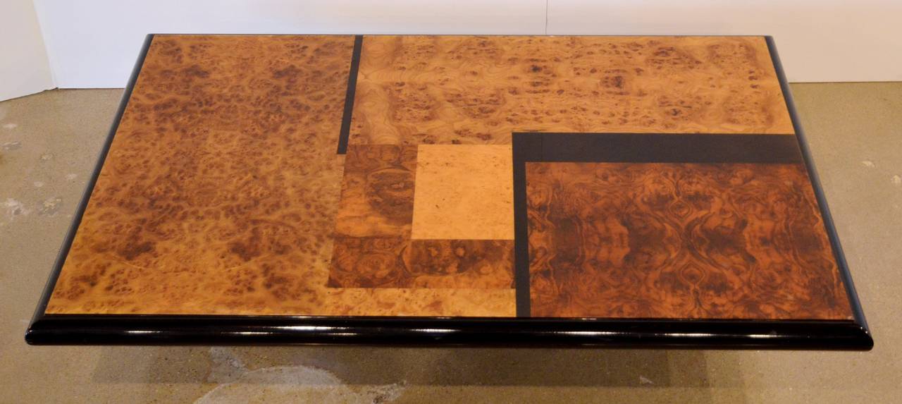 Wood Black Lacquer and Burl Inlaid Cocktail Table