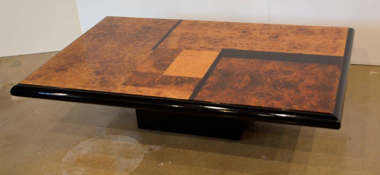 Mid-Century Modern Black Lacquer and Burl Inlaid Cocktail Table