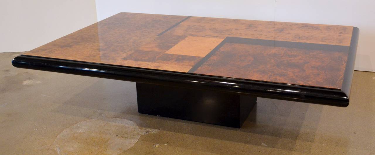 Mid-20th Century Black Lacquer and Burl Inlaid Cocktail Table