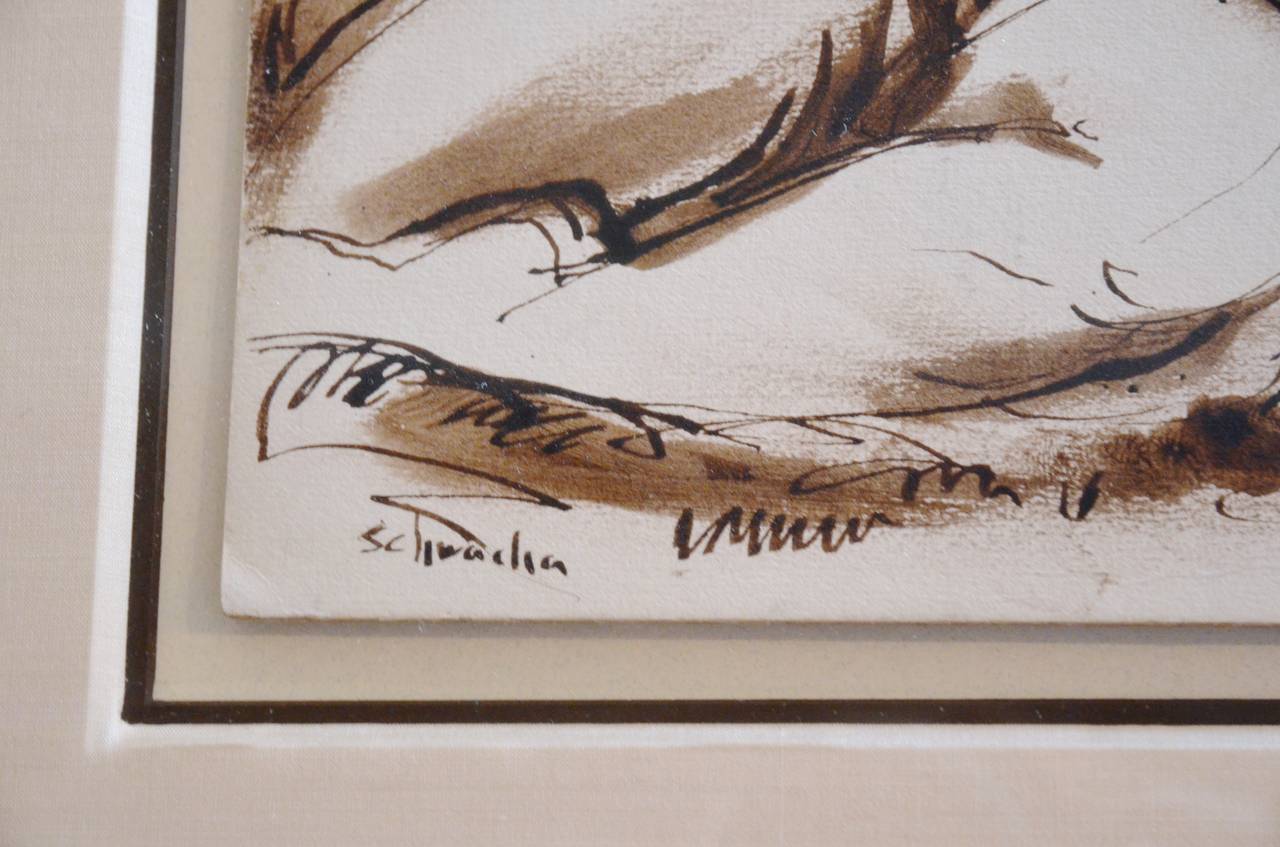 Sepia Female Nude, Ink Wash 1 of 4, by George Schwacha Jr., 1934 In Excellent Condition In Austin, TX