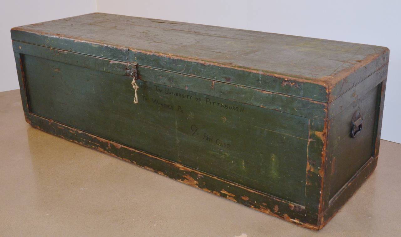 Beautiful patina on a Classic Americana piece of painted furniture that functions as storage, a cocktail table, or as a bench. The trunk has a written notation on the side from the University of Pittsburgh, to Winber, PA, C/O Prof. Case. Key words: