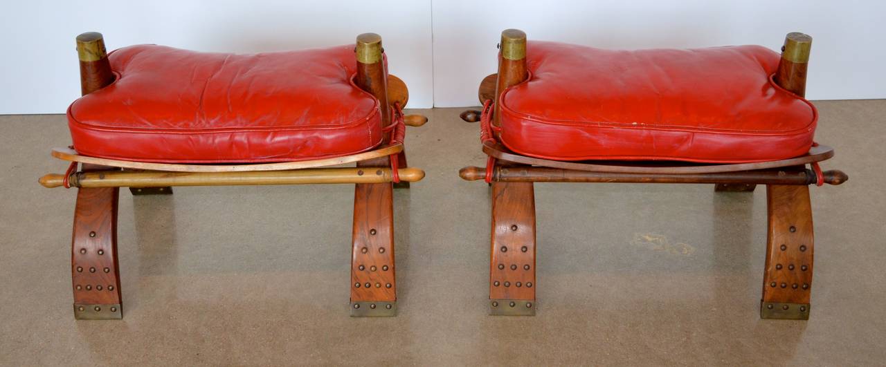 Camel Saddle Stools or Ottomans in Red Leather 1