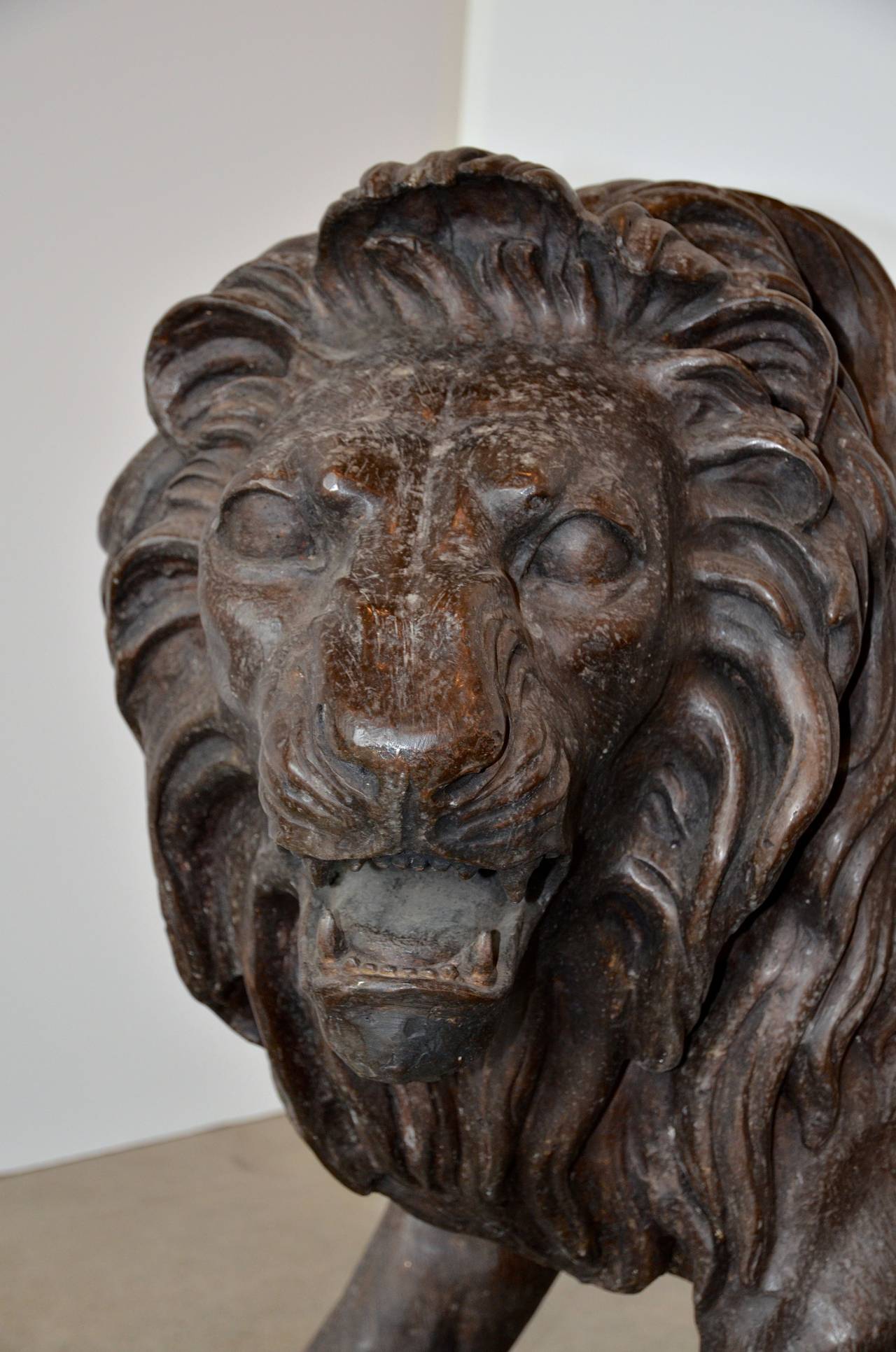 20th Century Magnificent Pair of Cast Bronze Lion Sculptures