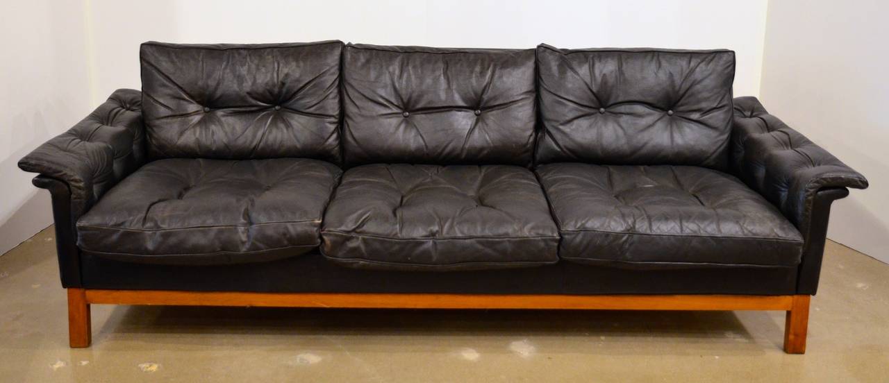 Mid-Century Black Tufted Leather Sofa, Danish