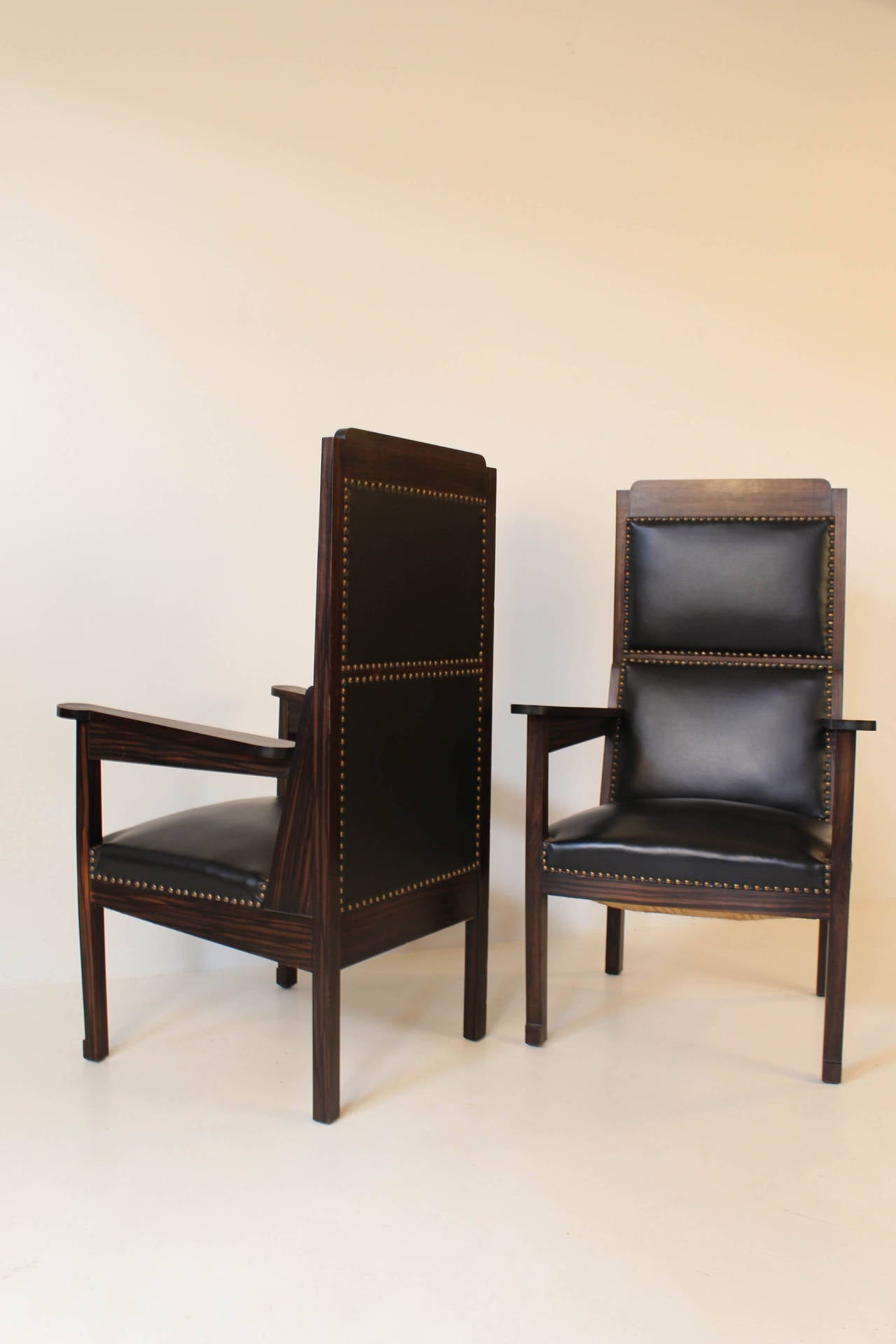 Rare pair of solid Macassar ebony Arts & Crafts armchairs by Hendrik Petrus
Berlage.
The armchairs are upholstered with leatherette.
