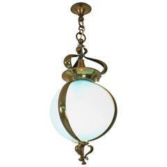 Antique Stunning Art Nouveau Hall Lamp with Original Blue Opaline Glass