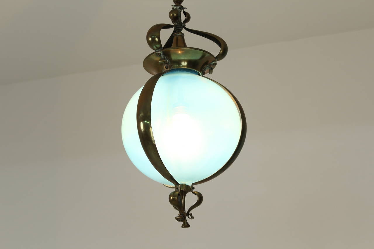 Dutch Stunning Art Nouveau Hall Lamp with Original Blue Opaline Glass