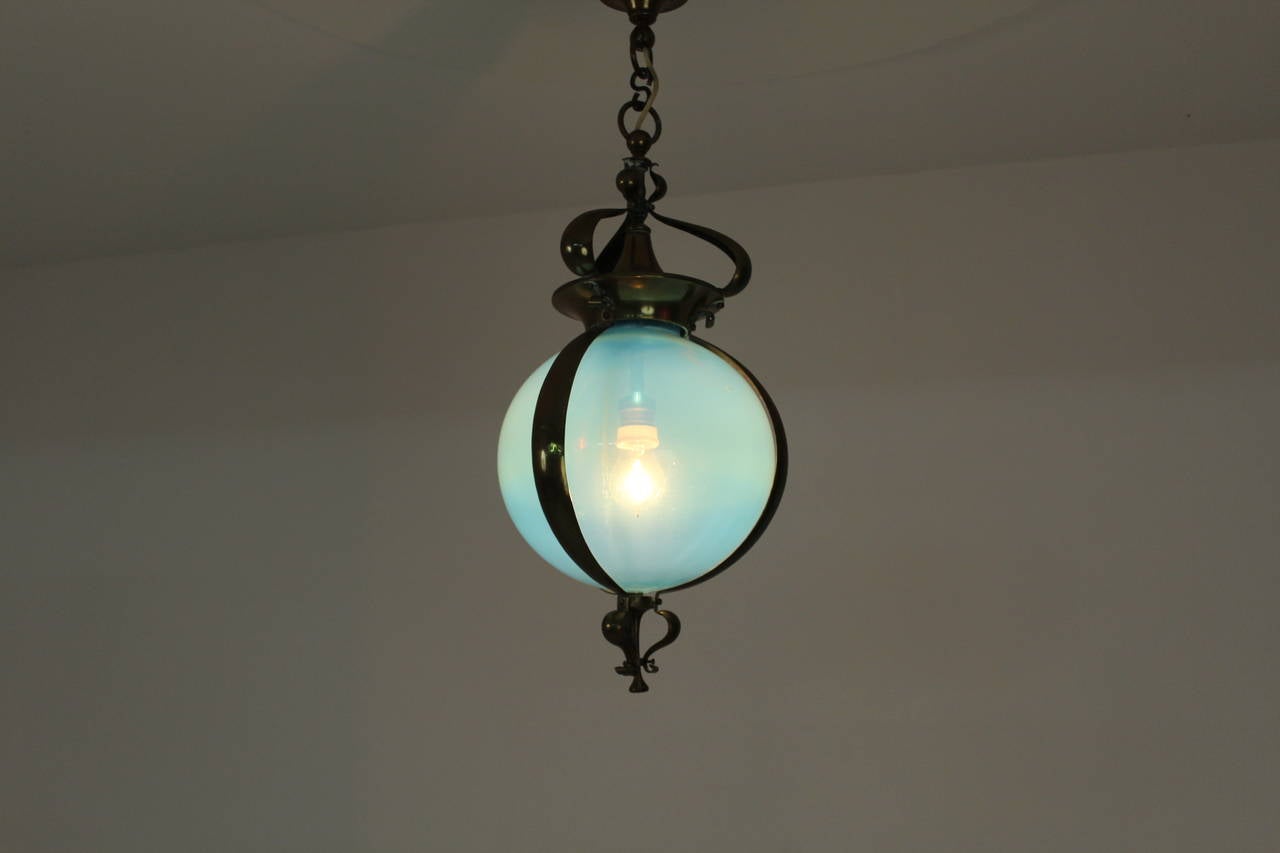 Stunning Art Nouveau Hall Lamp with Original Blue Opaline Glass In Good Condition In Amsterdam, NL