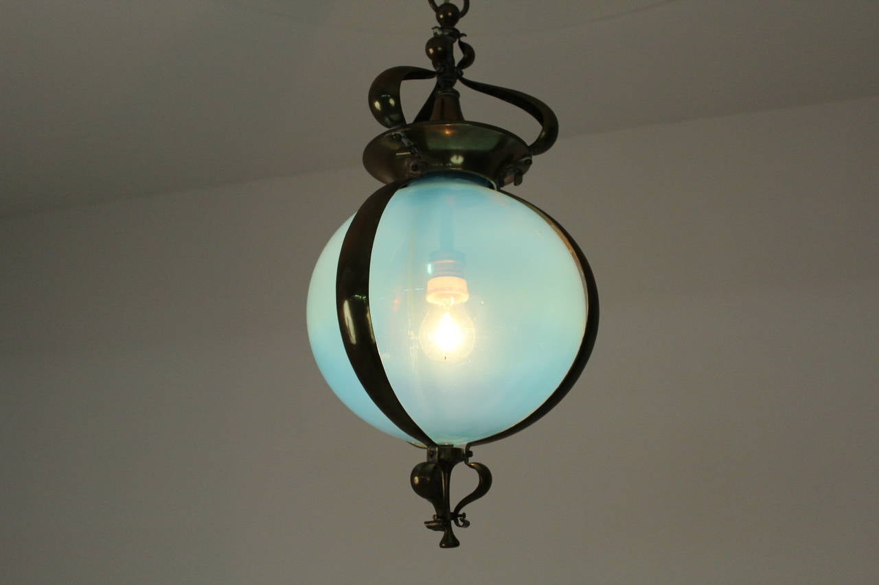 Early 20th Century Stunning Art Nouveau Hall Lamp with Original Blue Opaline Glass